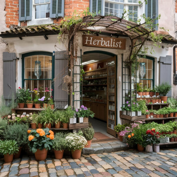 herbalist shop with potted herbs