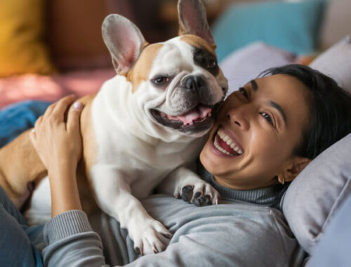 woman playing with French bulldog