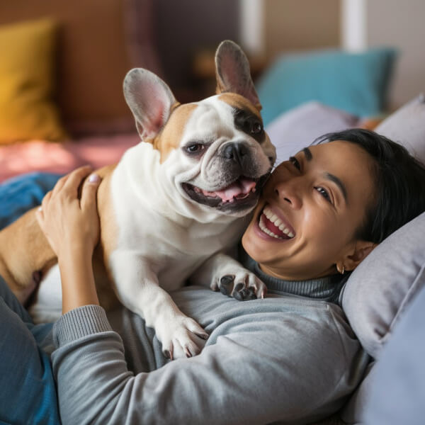 French bulldog playing with owner