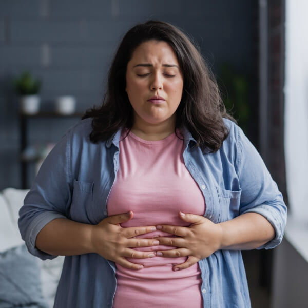 woman with bloating and intestinal waste buildup