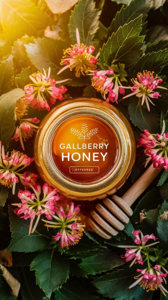 jar of galberry honey surrounded by gallbery blossoms