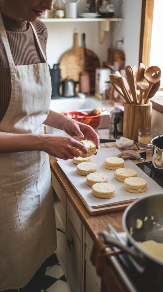 woman in an apron making gluten free biscuits